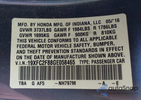 2016 Honda Civic Ex from USA, damaged, VIN 19XFC2F88GE058465